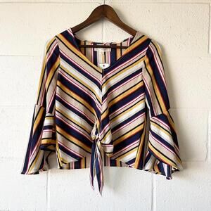 No Comment Striped Multicolor Bell Sleeve Front Tie V-Neck Blouse Women's Small